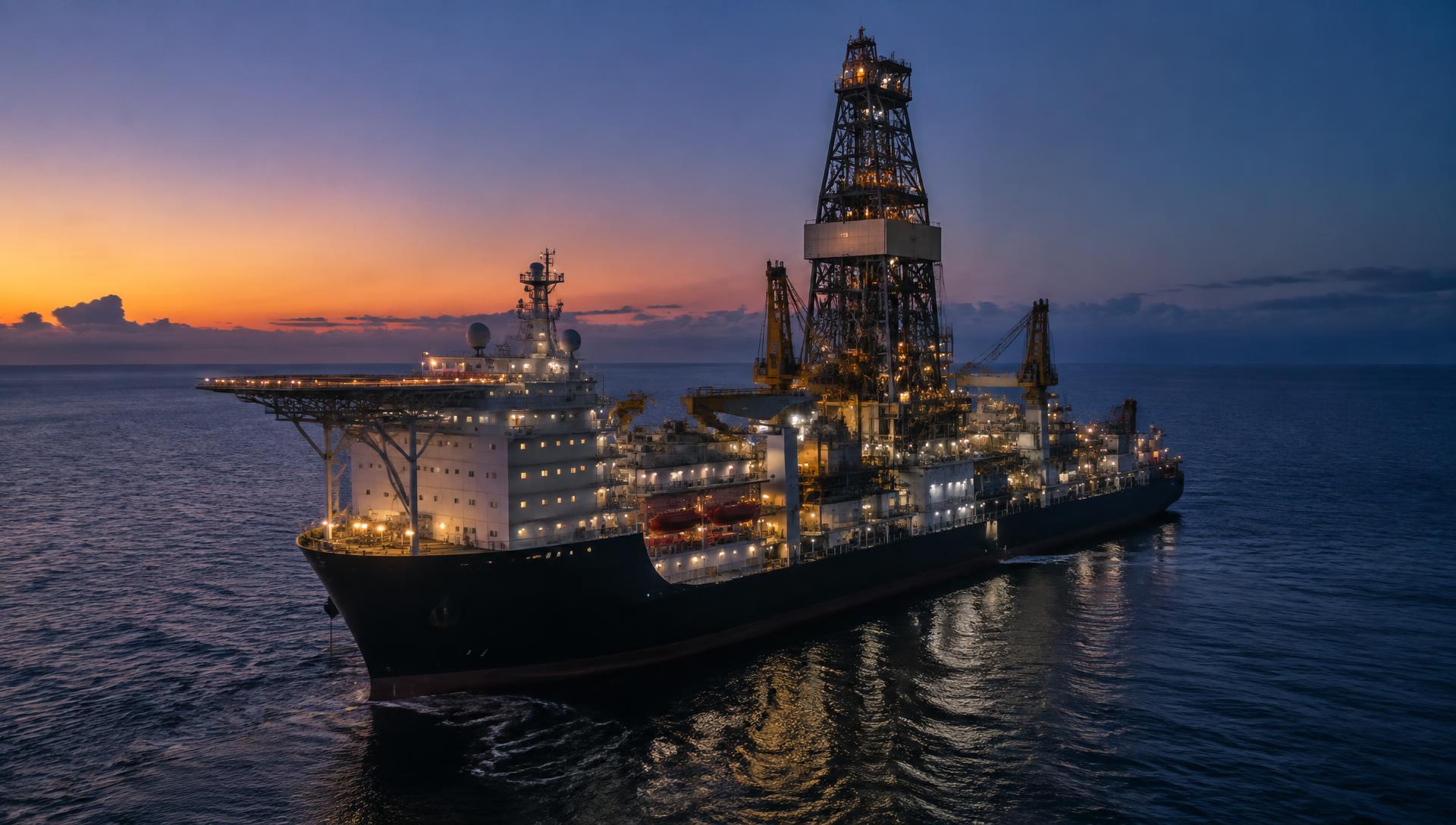 DRAVIKCORP drillship at sea during blue hour